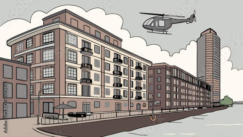 Urban cityscape with helicopter illustration, modern apartment buildings, waterfront view, city skyline drawing, vector art, architectural design, building illustration, commercial