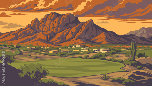 Desert Landscape at Sunset with Golf Course and Mountain Range.