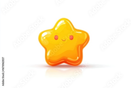 Cheerful, stylized yellow star. Glossy, cartoonish, with a simple smiling face and soft shadows. Flat white background