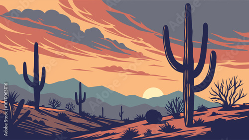Desert Landscape at Sunset Cactus Silhouette Southwestern Desert Scene Arid Climate Illustration.