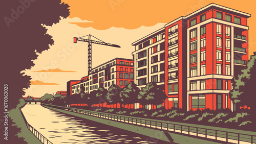 Urban Waterfront Promenade at Sunrise, Modern Architecture, Boats and Cranes.
