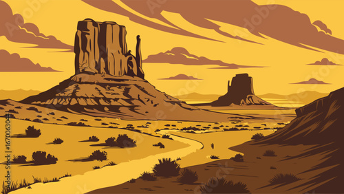Desert Landscape at Sunset Western Landscape Illustration Southwestern Desert Scene Arid Landscape Butte Formations Canyon Artwork.