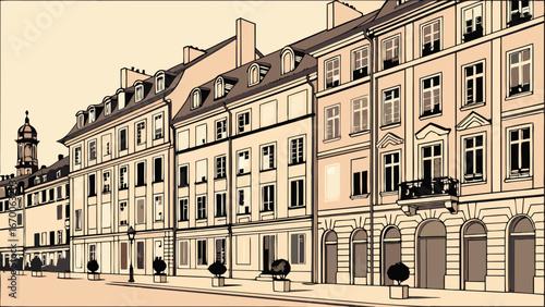 Vintage European Street Scene, Architectural Illustration, Classic Buildings,