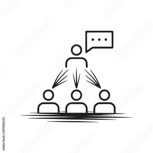 A black and white outline of a leader communicating with a group of three people below them in a hierarchy