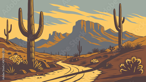 Desert Landscape with Cactus and Winding Road at Sunset.