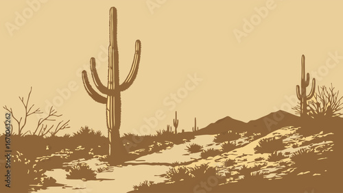 Desert Landscape with Cactus Dry Plants and Mountains Silhouette Western Style Illustration.