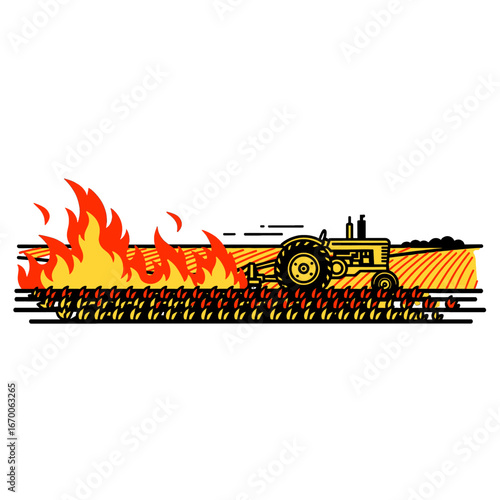Tractor Burning Through Golden Field Flames and Smoke Agricultural Landscape and Farming in Flat Style