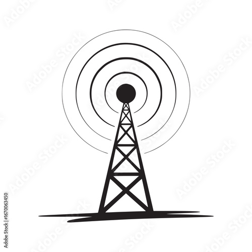 A black and white illustration of a transmission tower emitting concentric circular radio waves signal