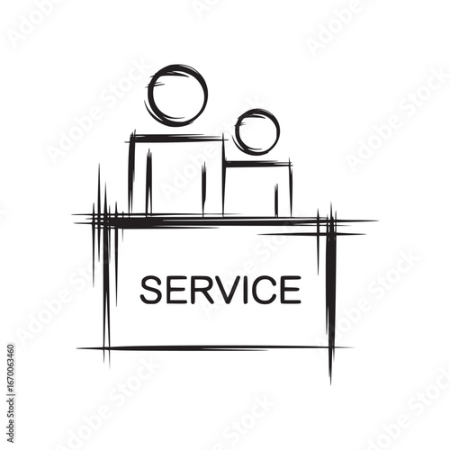 Abstract representation of service with two figures and the word service in a box design