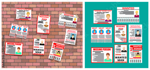 Missing people posters on a brick wall and a teal background. Flat vector set of wanted and missing person flyers for search concept design.