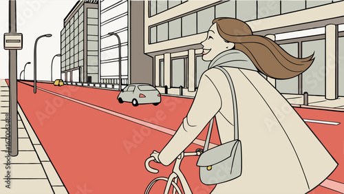 Woman cycling on city street, urban commute, bicycle illustration, happy cyclist, vector art, transportation, healthy lifestyle, city life, urban scene, outdoor activity, illustration, grap