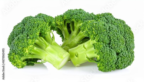 Close-up of fresh green broccoli florets on a white background, perfect for healthy eating and cooking themes.