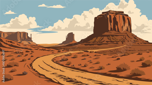 Desert Landscape with Winding Road and Monumental Rock Formations Under a Cloudy Sky.