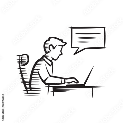 A person using a laptop at a desk with a speech bubble above, in black and white sketch illustration