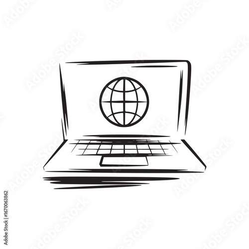 A sketch of a laptop with a globe on the screen representing global connectivity and technology use
