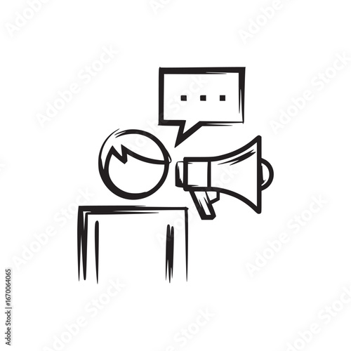 A sketch of a person with a megaphone and a speech bubble with three dots on a white background