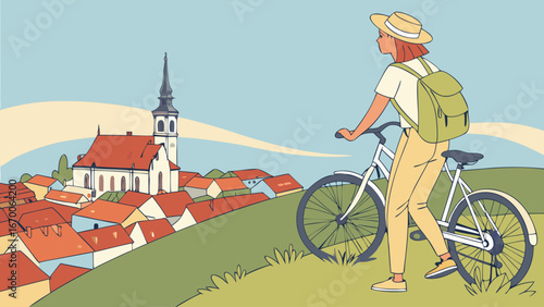 Woman with backpack and bicycle overlooking a village