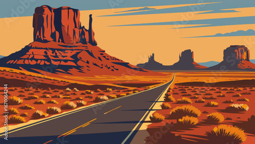 Desert Road Trip Scenic Highway Through Arid Landscape with Rock Formations at Sunset.