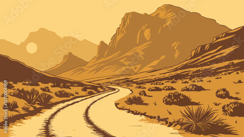 Desert Road Winding Through Mountains at Sunset Scenic Landscape Illustration.