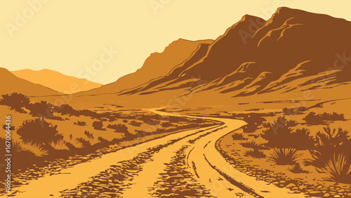 Desert Road Winding Through Mountains Scenic Vista Travel Adventure Illustration.