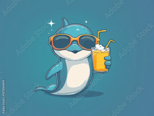 Beautiful Illustration Of Cute Cartoon Dolphin Isolated On A Colored Background