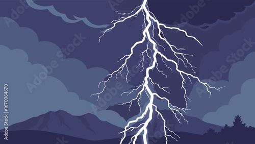 Dramatic Lightning Strike Over Mountains at Night.