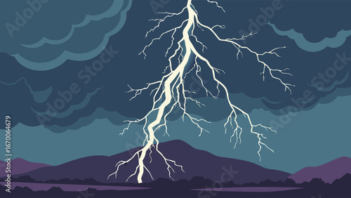 Dramatic Lightning Strike Over Silhouette Landscape Dark Stormy Night Sky Nature Background Illustration.