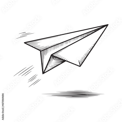 A simple black and white sketch of a paper airplane flying with motion lines and shadow below it