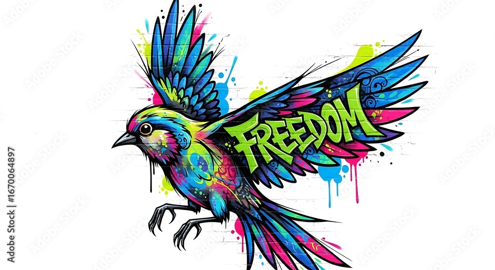 Obraz premium Colorful Graffiti Bird in Flight Symbolizing Freedom.