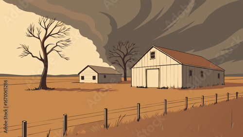 Farm buildings under a stormy sky rural landscape illustration.