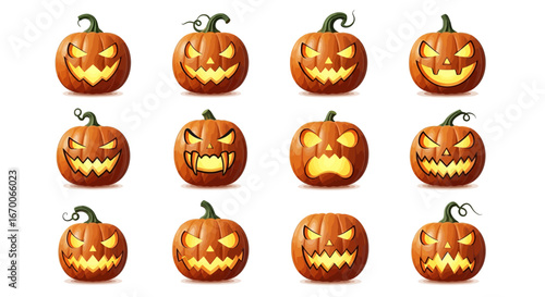 Whimsical Halloween Collection of Carved Pumpkin Jack-o'-Lanterns Illustrations