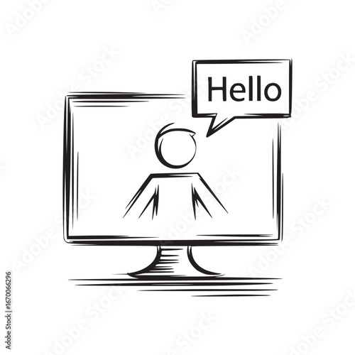 A sketch of a person on a computer screen saying hello in a speech bubble on a white background