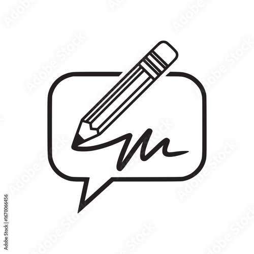 A pencil drawing a scribble inside of a speech bubble in black and white simple line art style design