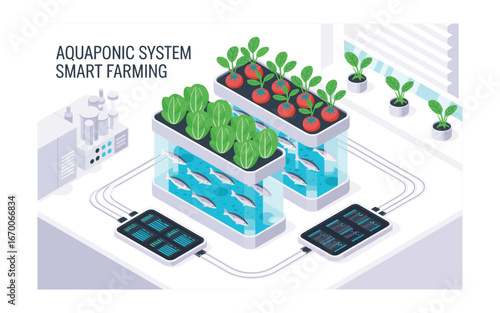 Isometric Aquaponic System: Sustainable Smart Farming with Fish and Plants Growing Together in Recirculating Environment, Controlled by Technology, Represents Future of Agriculture.