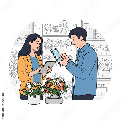 Cheerful Florists Managing Flower Store Using Tablets in a Brightly Lit Floral Shop With Orange and Yellow Flowers in a Round Background