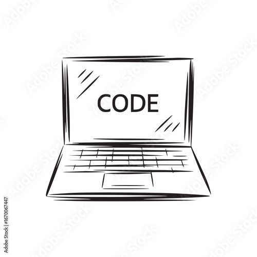 A simple black and white line drawing of a laptop with the word code displayed on the screen