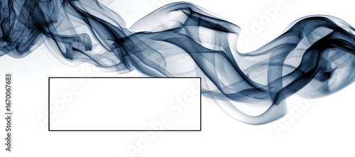 Blue smoke curls across a white backdrop with a white rectangle near the bottom