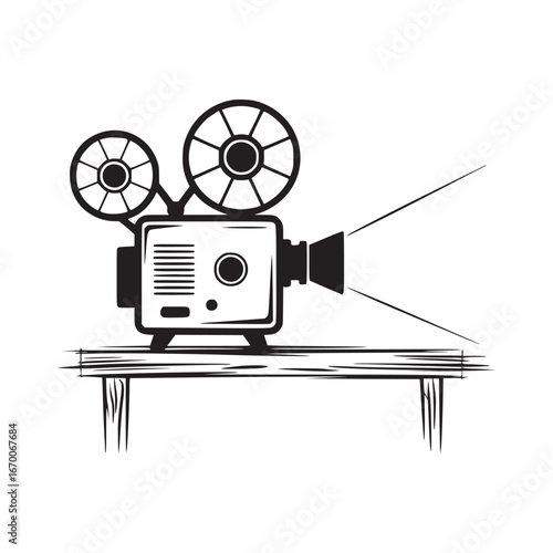 A vintage film projector on a wooden table in black and white line art illustration style design view