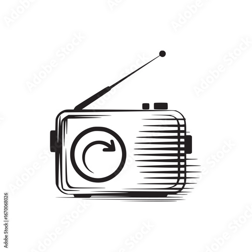 A stylized black and white illustration of a vintage radio with an antenna and a circular arrow
