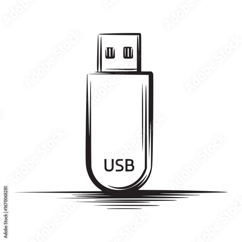 A simple black and white drawing of a usb flash drive with a shadow on a white background art