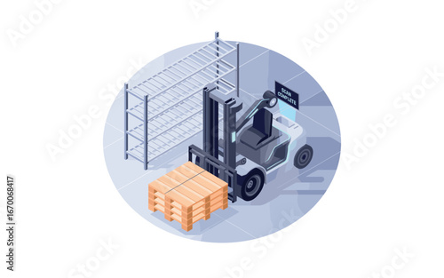 Futuristic Forklift Scanning Pallet in Warehouse: Autonomous Logistics, Automated Inventory Management, Warehouse Operations, and Smart Technology Integration for Efficient Supply Chains