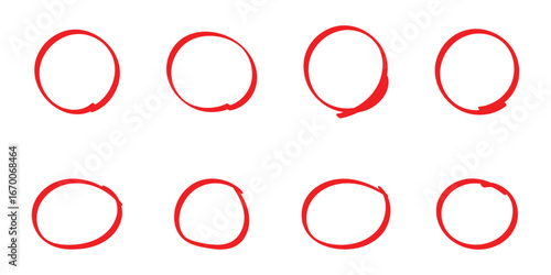 Red hand drawn doodle circle on isolated white background. 8 different shapes circle icon on white background. Isolated red line circle set. Vector isolated doodle icon set. EPS 10. 