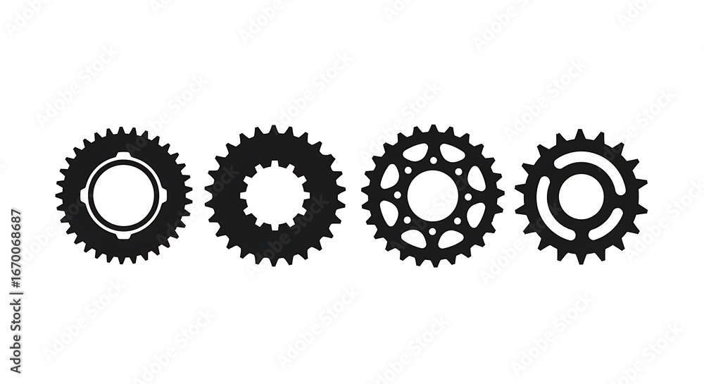 Four various gear designs are displayed against a plain white background. Four various gear designs are displayed against a plain white background.