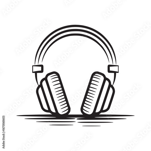 A stylized black and white illustration of headphones with a triple band and striped earcups design