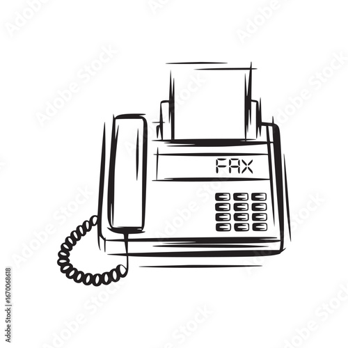 A black and white sketch of a fax machine with a phone attached to the left side and buttons on the front