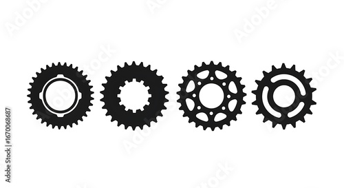 Four various gear designs are displayed against a plain white background.