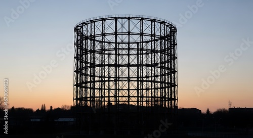 Silhouetted metal gas holder structure dominates the tranquil sunrise landscape.