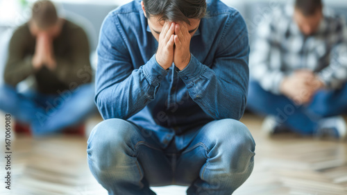 Man in blue denim crouching with hands on face, expressing deep emotions in a supportive group setting
