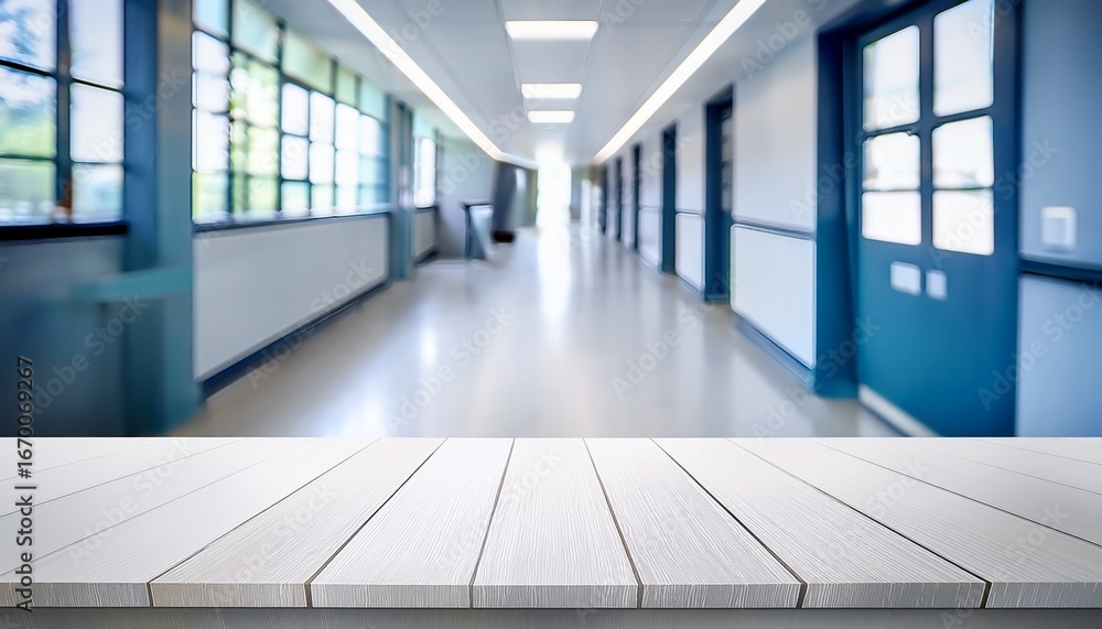 Fototapeta premium empty white table in blurred hospital hallway