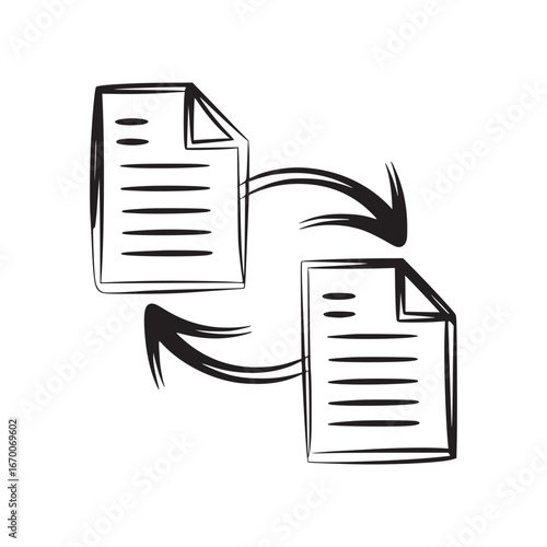 Two document icons with lines and folded corners connected by curved arrows in a circular motion